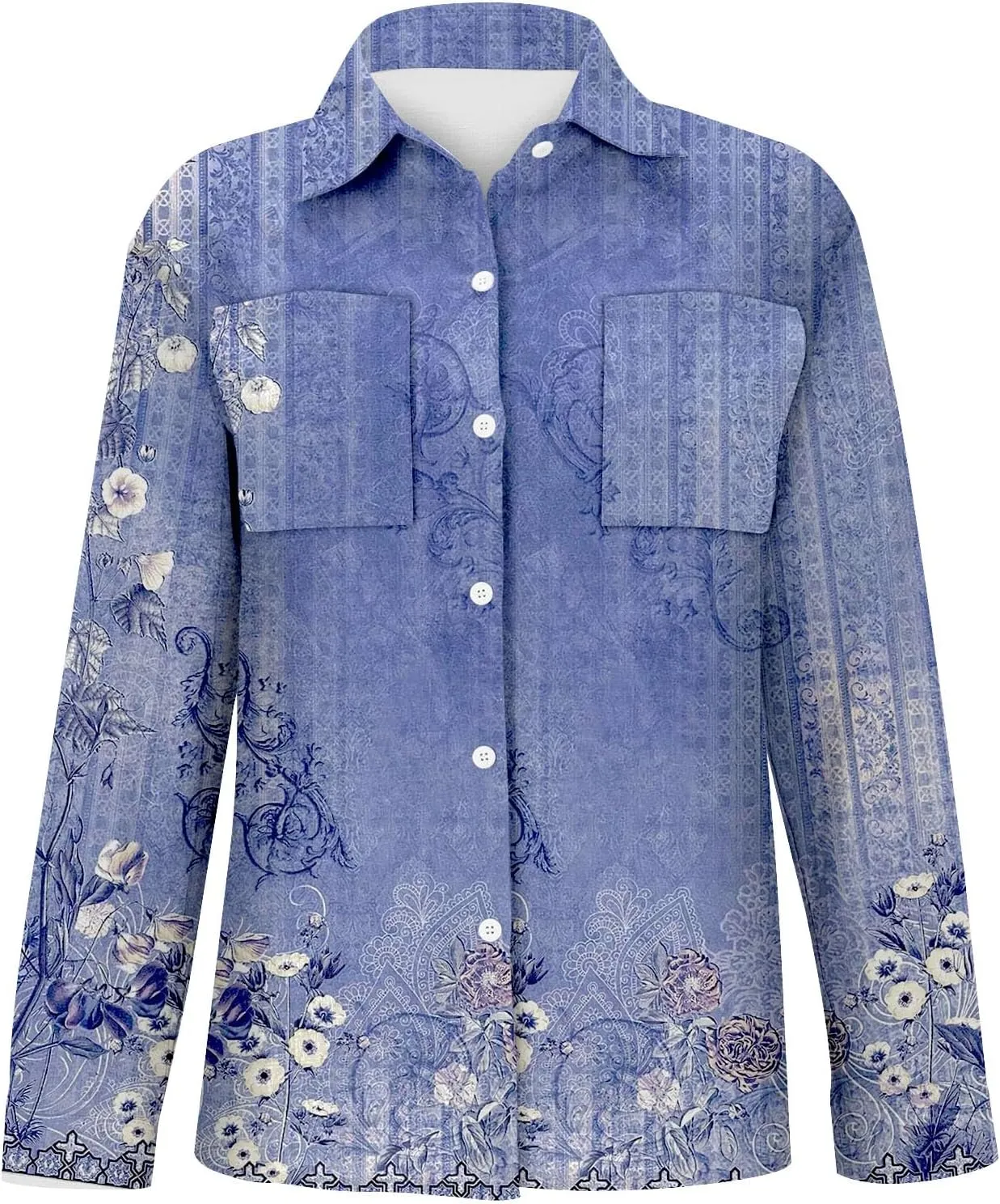 Womens Linen Button Down Shirts 2025 Floral Printed V Neck Long Sleeve Blouse Collared Boho Shirt Tops with Pocket