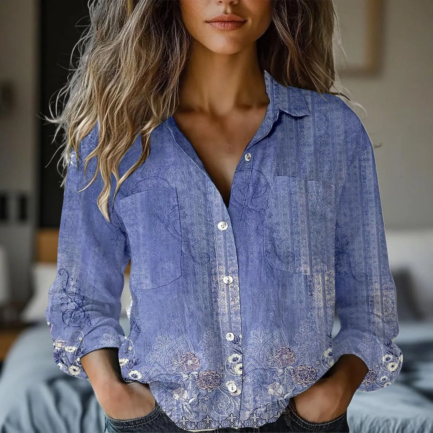 Womens Linen Button Down Shirts 2025 Floral Printed V Neck Long Sleeve Blouse Collared Boho Shirt Tops with Pocket