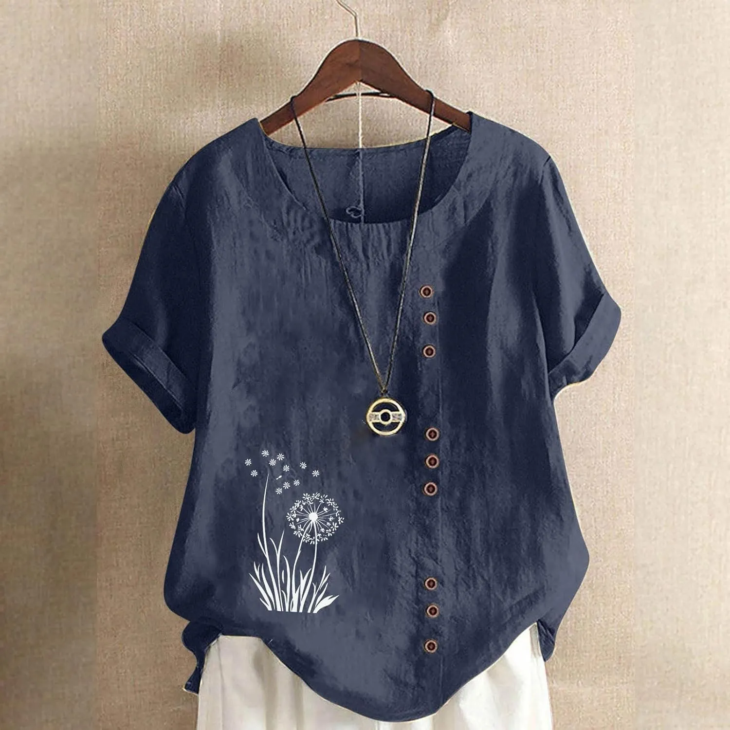 Womens Linen Tops Boho Floral Summer Casual Shirts Short Sleeve Crew Neck Loose Fit Comfy Cotton Tshirt for Women