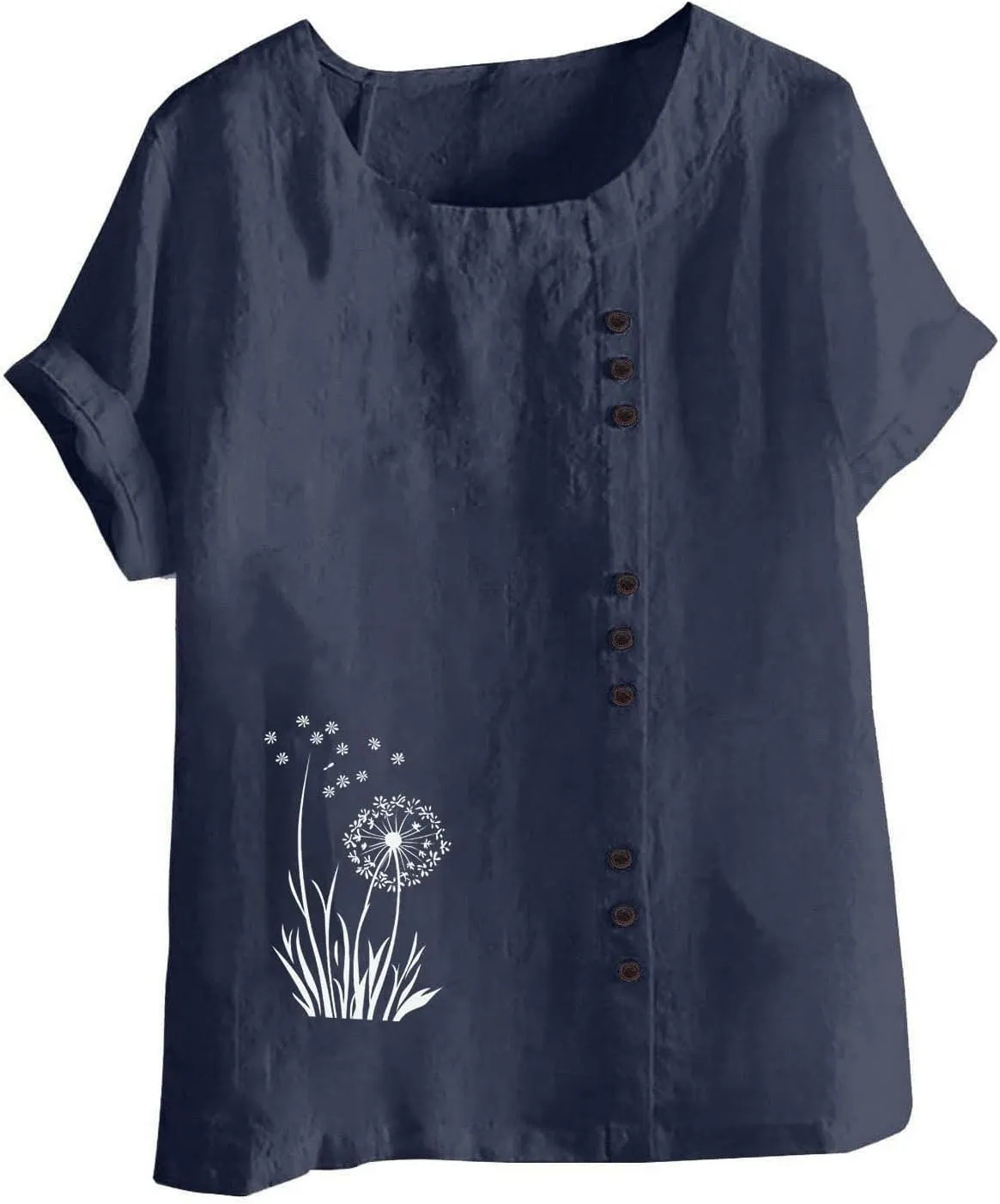 Womens Linen Tops Boho Floral Summer Casual Shirts Short Sleeve Crew Neck Loose Fit Comfy Cotton Tshirt for Women