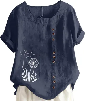 Womens Linen Tops Boho Floral Summer Casual Shirts Short Sleeve Crew Neck Loose Fit Comfy Cotton Tshirt for Women
