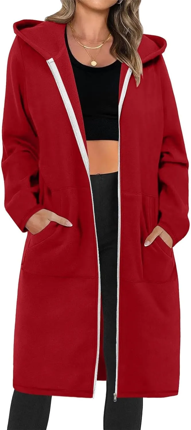 Womens Long Length Zip Up Hoodies Lightweight Fleece Jacket Oversized Tunic Sweatshirt Fashion Fall Zipper Hoodie