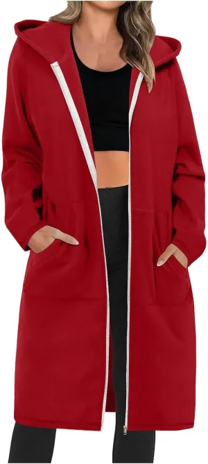 Womens Long Length Zip Up Hoodies Lightweight Fleece Jacket Oversized Tunic Sweatshirt Fashion Fall Zipper Hoodie