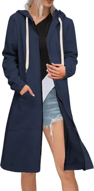 Women's Long Sleeve Long Hooded Open Front Cardigan Jacket With Pockets Casual Lightweight Duster Coat Fall And Winter