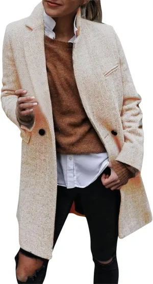 Women's Notch Lapel Double Breasted Trench Coat Peacoat Winter Casual Long Blazer Jacket Overcoat