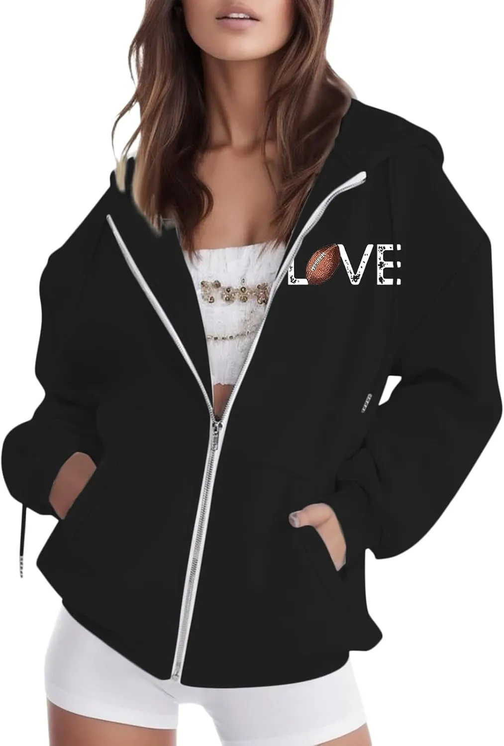 Women's Novelty Letter Print Zip Up Hoodies Hip Hop Basic Autumn Winter Oversized Baggy Drawstring Pullover with Pockets