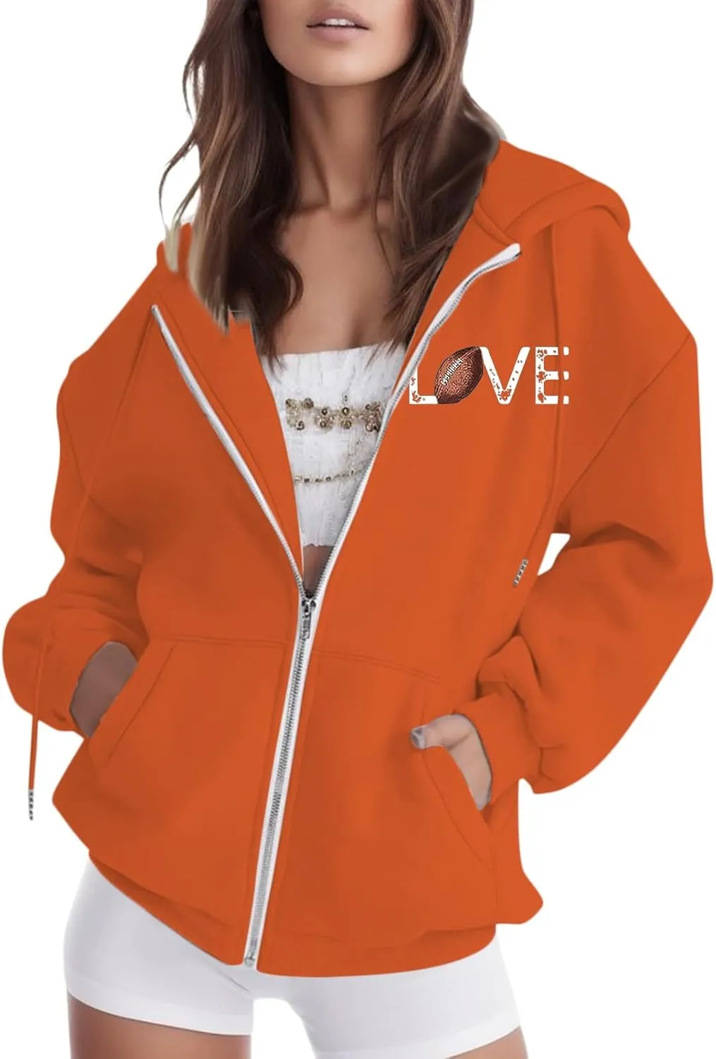 Women's Novelty Letter Print Zip Up Hoodies Hip Hop Basic Autumn Winter Oversized Baggy Drawstring Pullover with Pockets