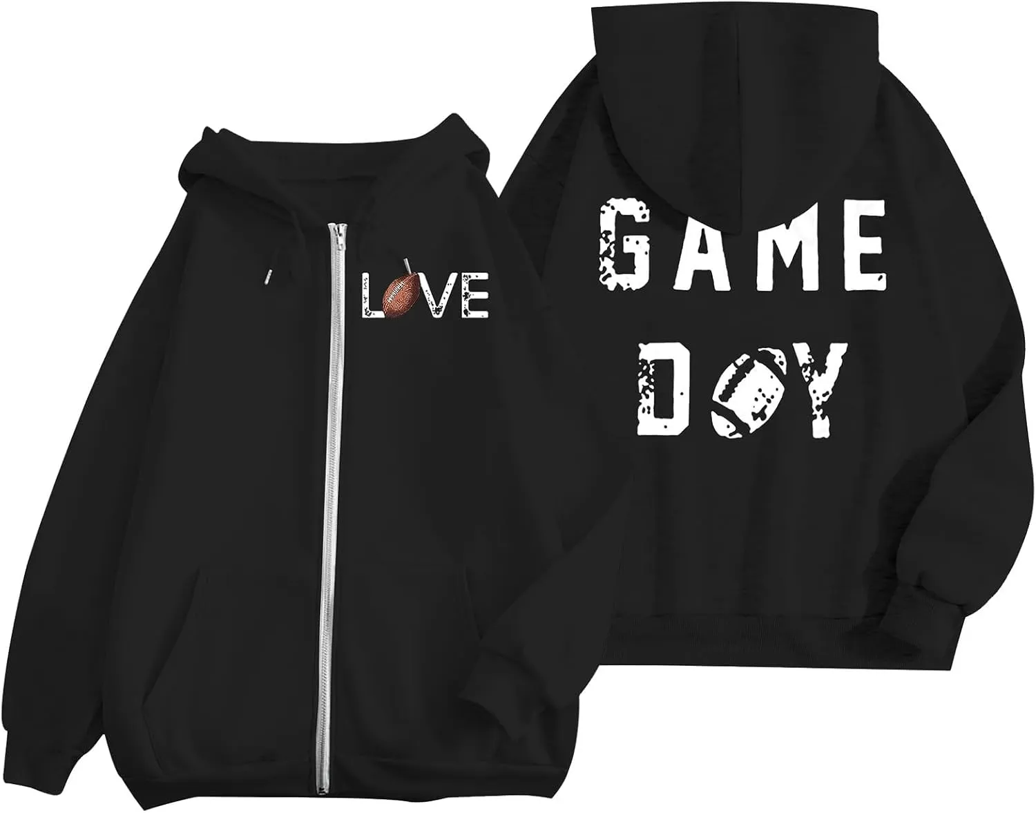 Women's Novelty Letter Print Zip Up Hoodies Hip Hop Basic Autumn Winter Oversized Baggy Drawstring Pullover with Pockets