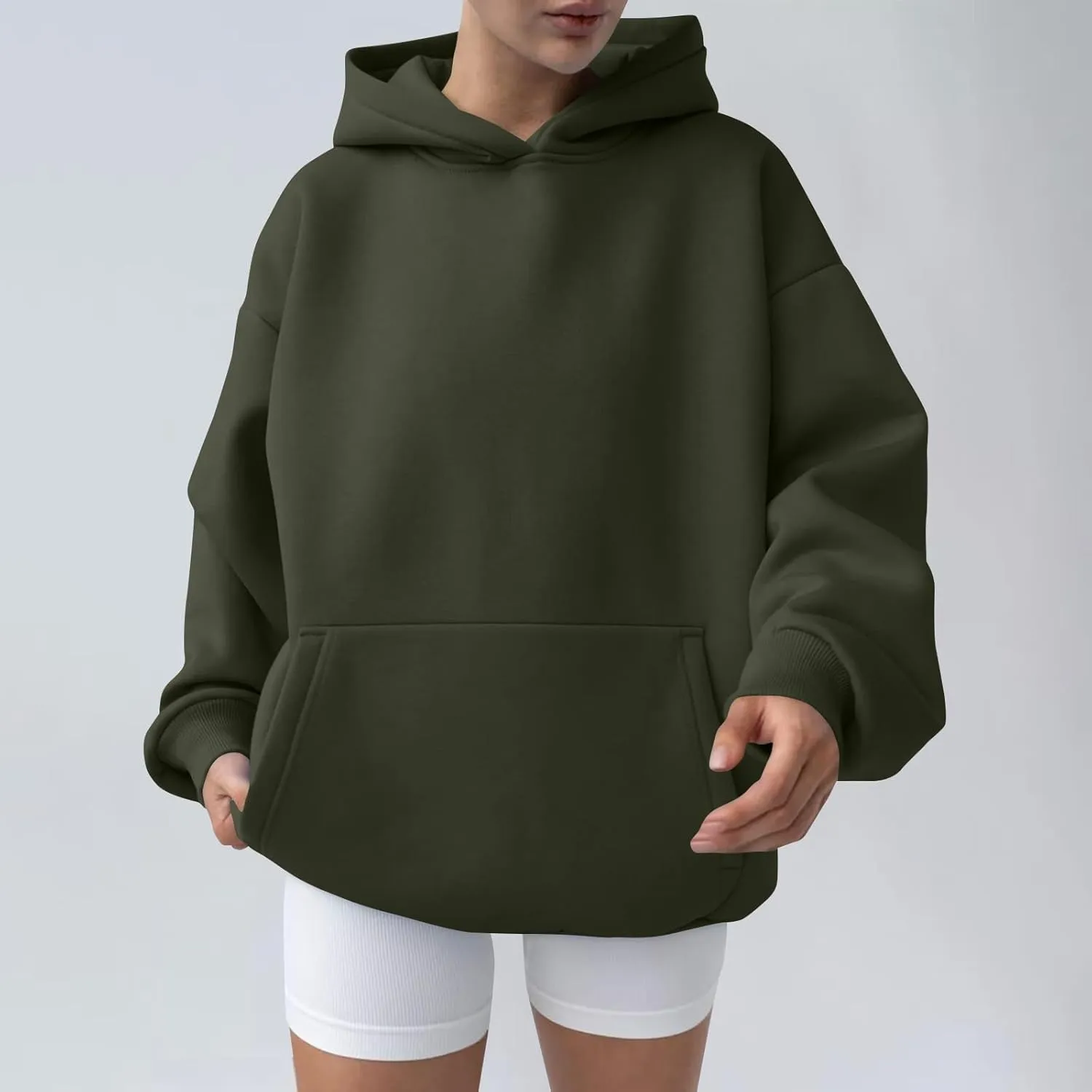 Womens Oversized Hoodie Fall Fashion 2024 Ribbed Cuffs Crewneck Sweatshirt Drop Shoulder Long Sleeve Tops With Pocket