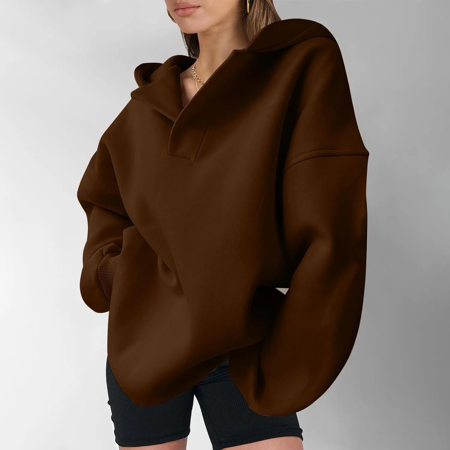 Womens Oversized Hoodies Fleece Long Sleeve Sweatshirts Lapel V Neck Casual Sweaters Pullover Fall Fashion Outfits 2024