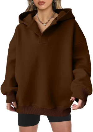 Womens Oversized Hoodies Fleece Long Sleeve Sweatshirts Lapel V Neck Casual Sweaters Pullover Fall Fashion Outfits 2024