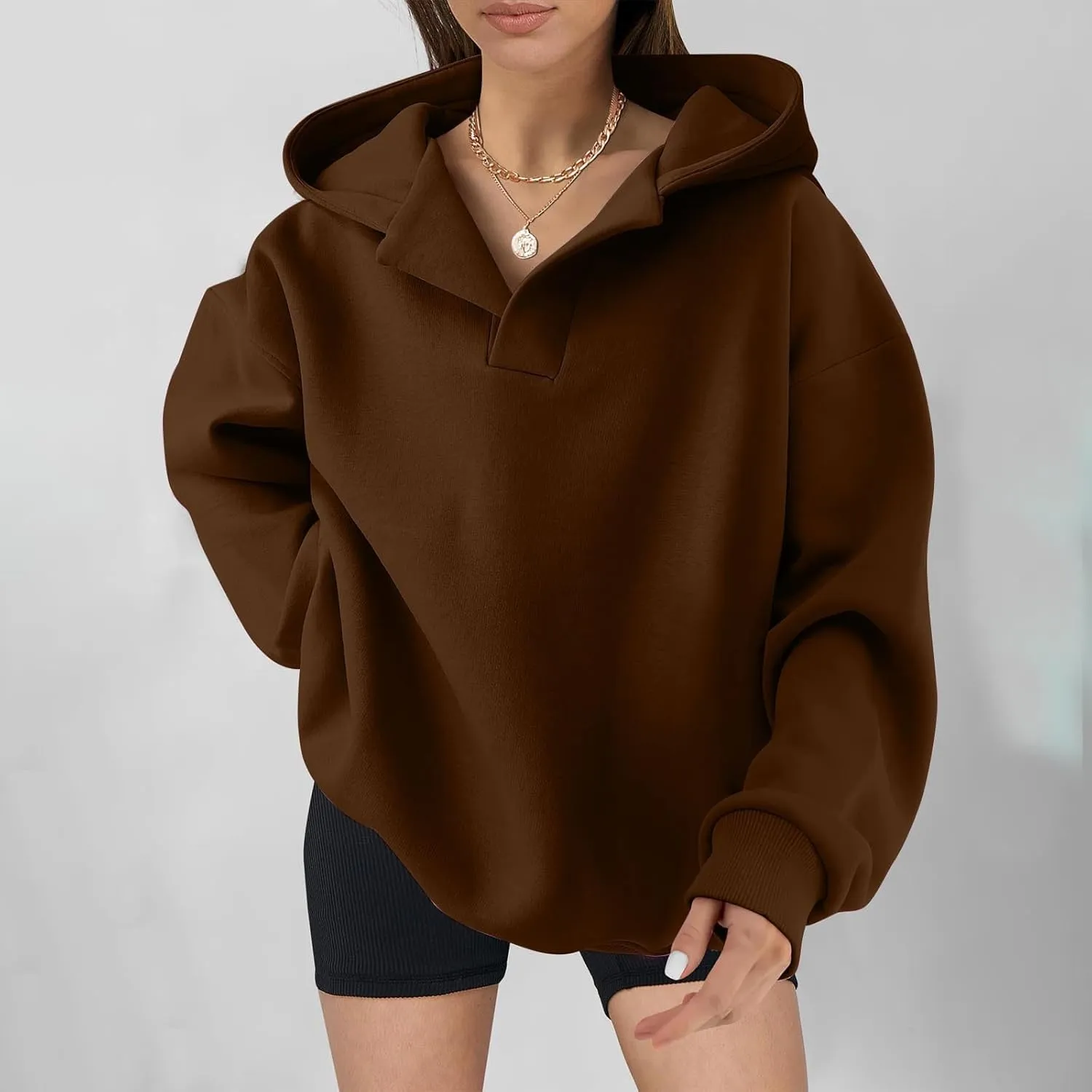 Womens Oversized Hoodies Fleece Long Sleeve Sweatshirts Lapel V Neck Casual Sweaters Pullover Fall Fashion Outfits 2024