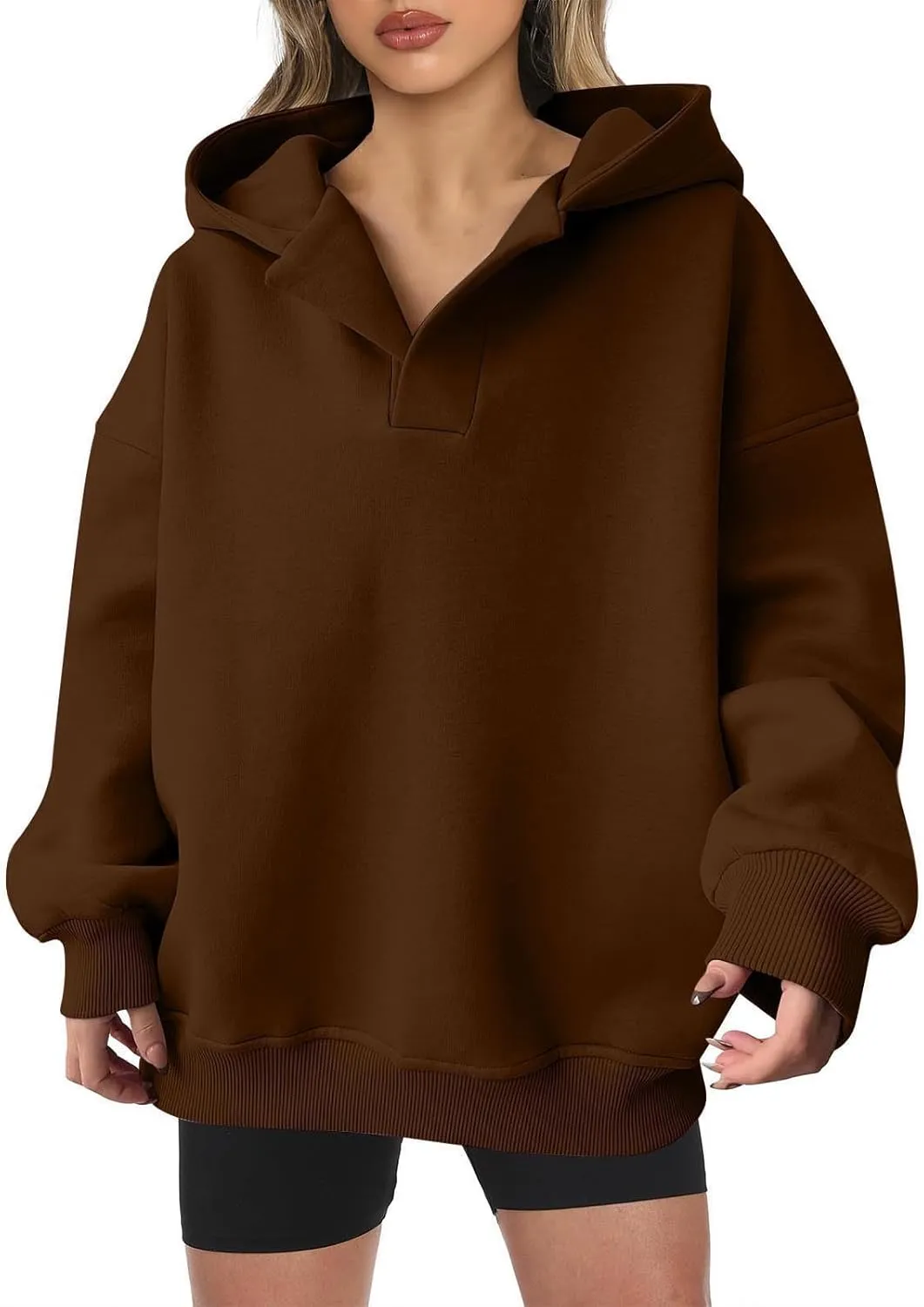 Womens Oversized Hoodies Fleece Long Sleeve Sweatshirts Lapel V Neck Casual Sweaters Pullover Fall Fashion Outfits 2024