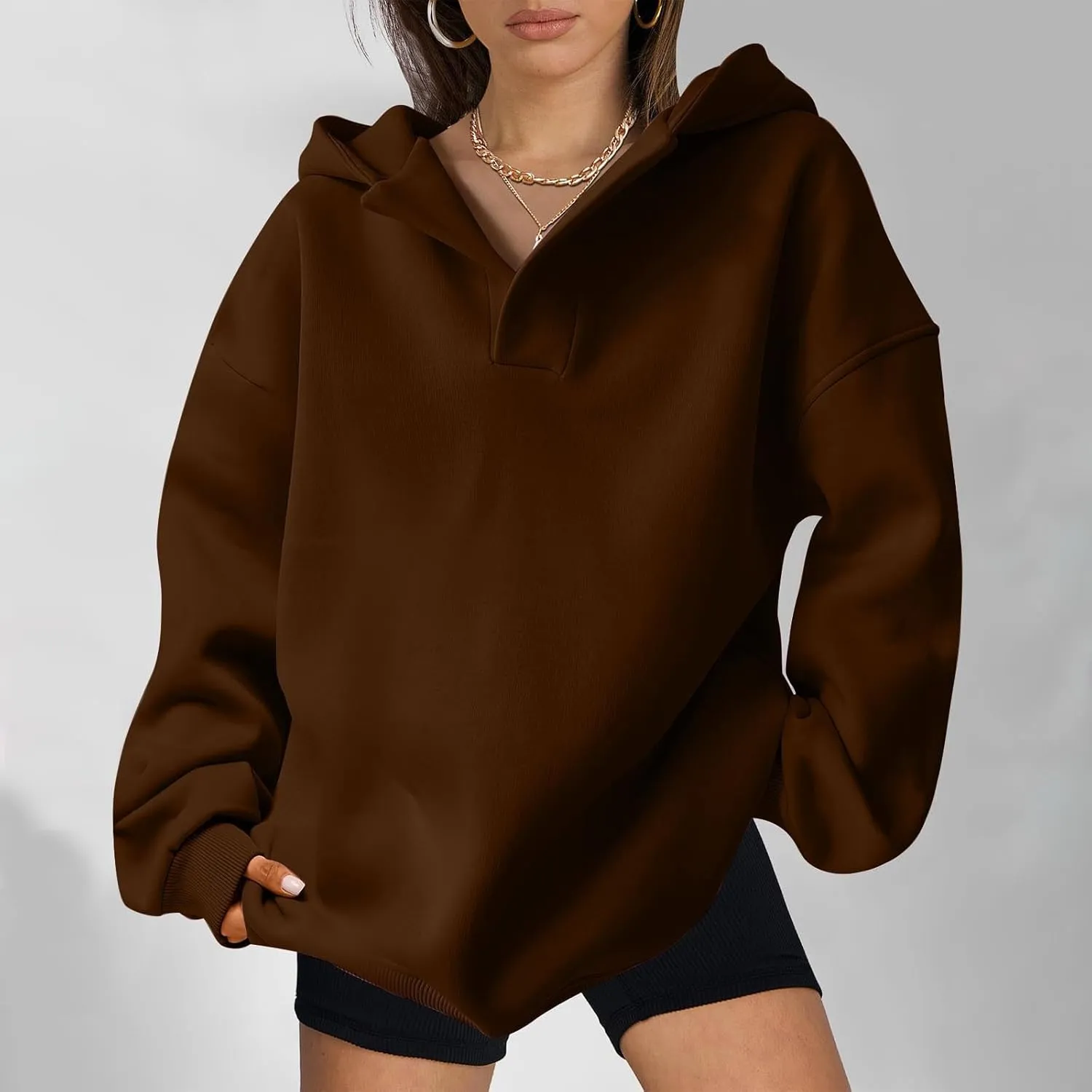 Womens Oversized Hoodies Fleece Long Sleeve Sweatshirts Lapel V Neck Casual Sweaters Pullover Fall Fashion Outfits 2024