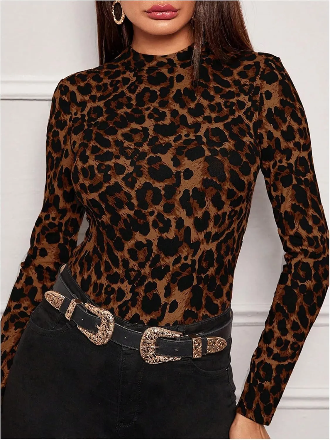 Women's Plus Size Leopard Tops Mock Neck Long Sleeve T Shirts Slim Fit Base Layer Tops