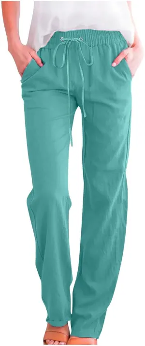 Women's Plus Size Summer Pants Straight Leg Linen Pants High Waisted Pants Loose Beach Pants Casual Vacation Trousers