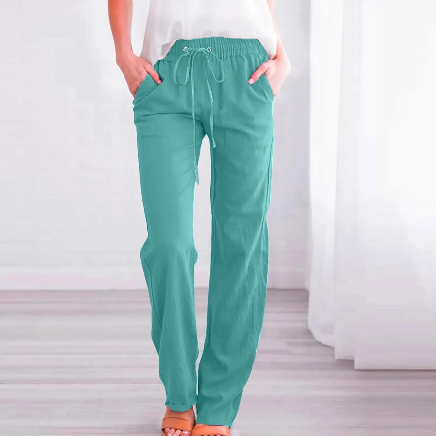 Women's Plus Size Summer Pants Straight Leg Linen Pants High Waisted Pants Loose Beach Pants Casual Vacation Trousers