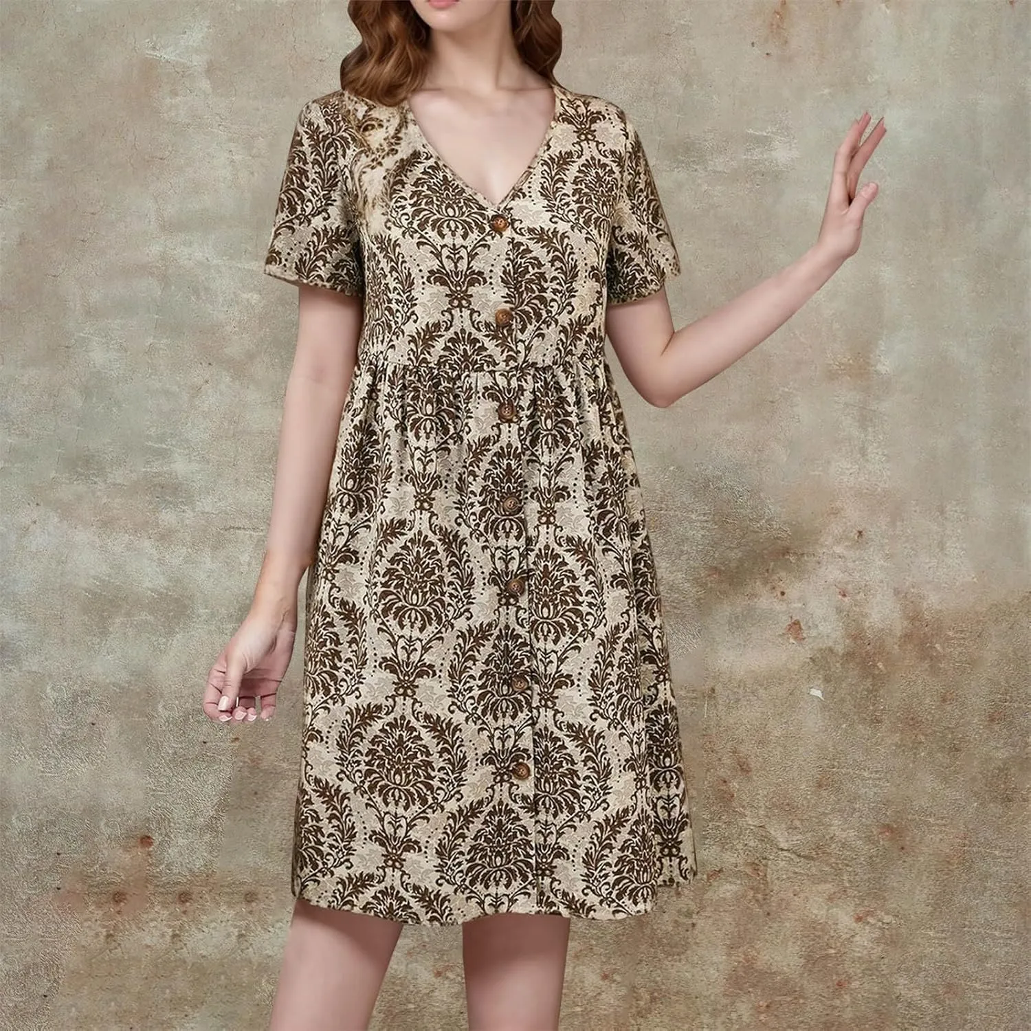 Womens Plus Size Sundress Summer Floral Short Sleeve Wrap V Neck A-Line Midi Dress V-Neck Floral Short Party Dresses
