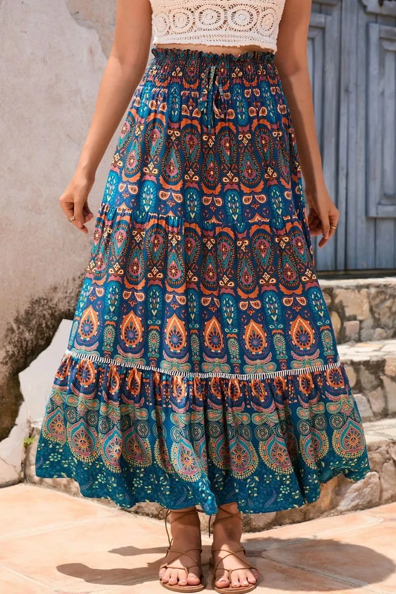 Women's Ruffle Elastic High Waist Floral Printed Boho Maxi Skirt Summer Beach Holiday Long Skirt