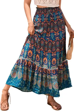 Women's Ruffle Elastic High Waist Floral Printed Boho Maxi Skirt Summer Beach Holiday Long Skirt