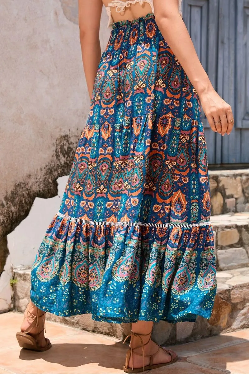 Women's Ruffle Elastic High Waist Floral Printed Boho Maxi Skirt Summer Beach Holiday Long Skirt