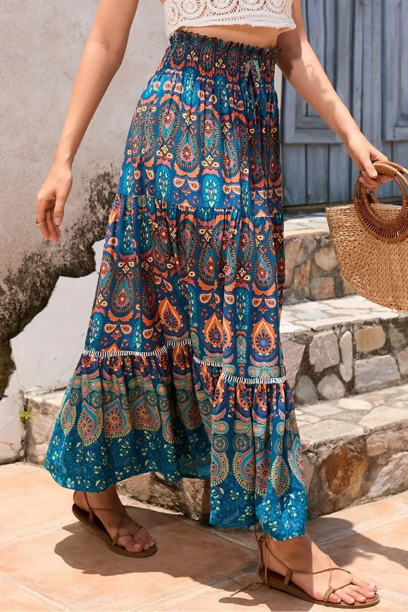 Women's Ruffle Elastic High Waist Floral Printed Boho Maxi Skirt Summer Beach Holiday Long Skirt