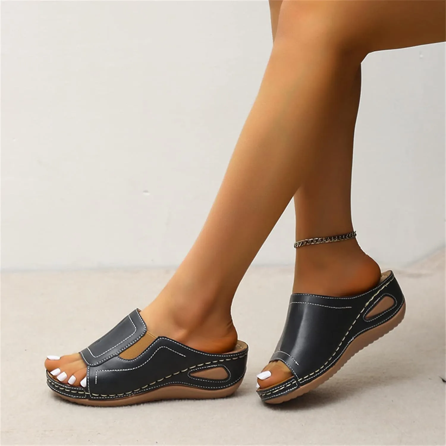 Women's Sandals Orthopedic Sandals for Women Casual Summer Shoes for Women Open Toe Wedge Faux Leather Sandals Non Slip Slippers