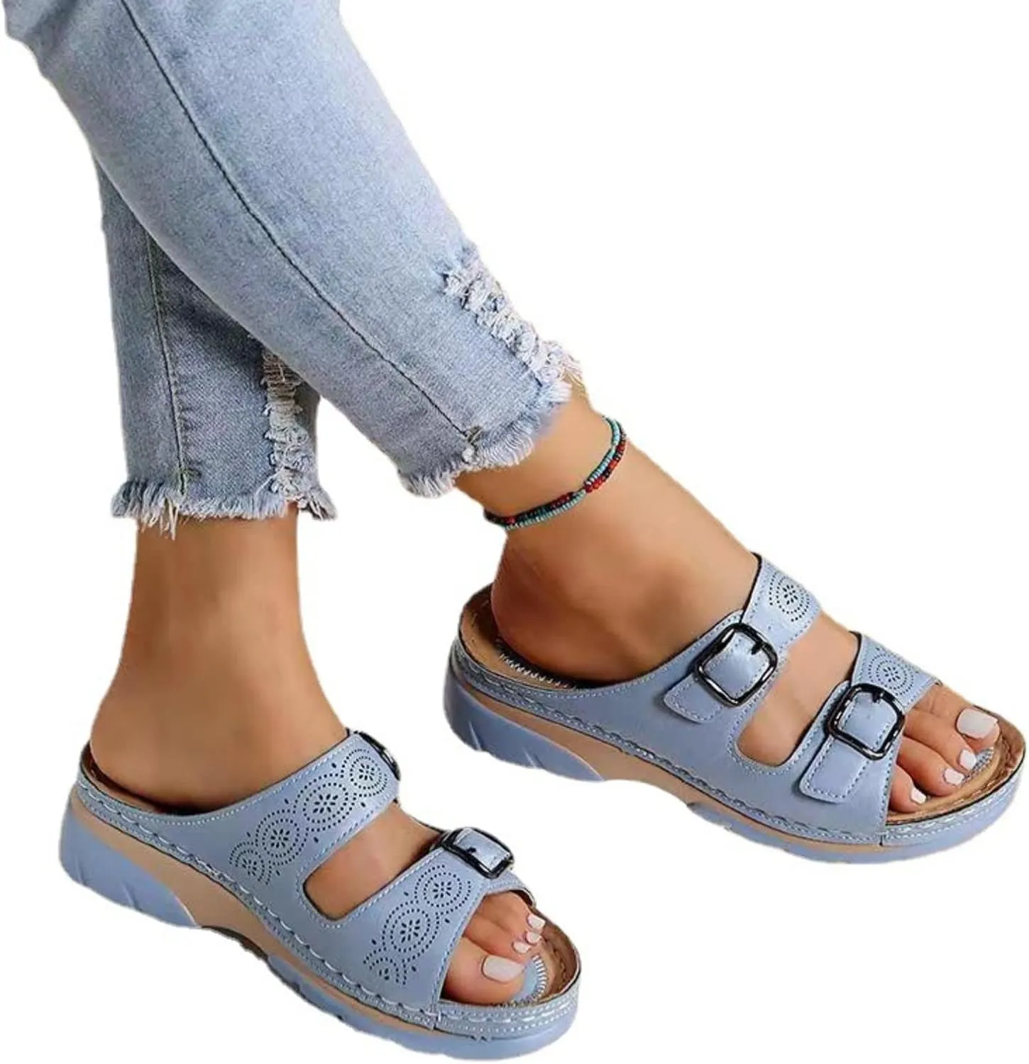 Womens Sandals Platform Slip On Slippers Two Strap Open Toed Lightweight Wedge Comfort Flat Slide Sandals Walking Shoes