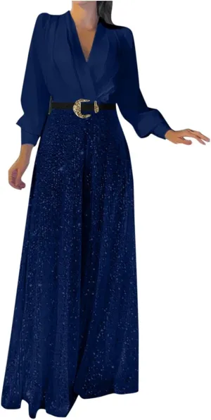Womens Sequins Jumpsuits Belted High Waisted Wide Leg Trouser Suit Clubwear Long Sleeve V-Neck Party Evening Outfit