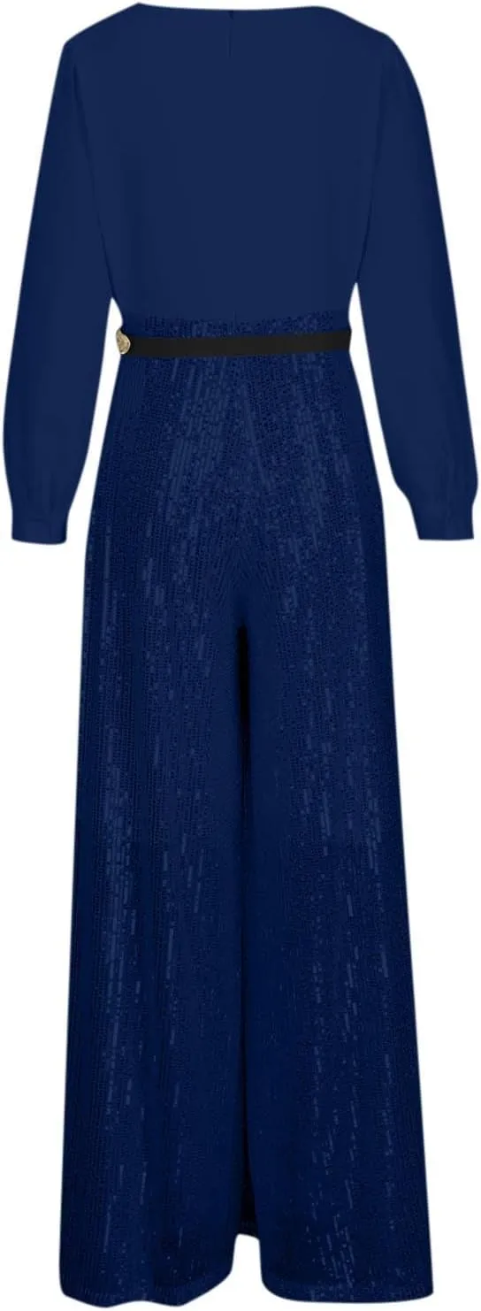 Womens Sequins Jumpsuits Belted High Waisted Wide Leg Trouser Suit Clubwear Long Sleeve V-Neck Party Evening Outfit