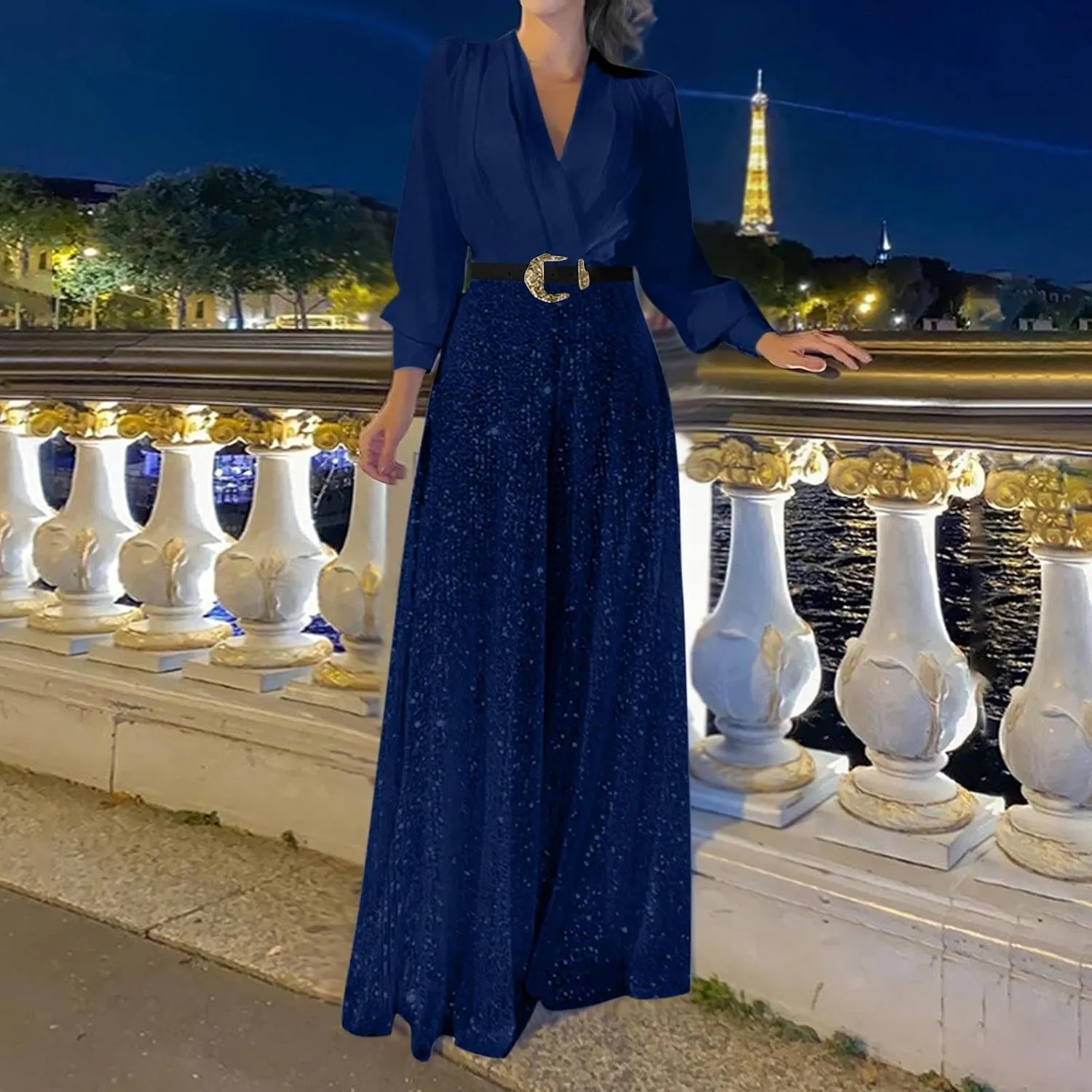 Womens Sequins Jumpsuits Belted High Waisted Wide Leg Trouser Suit Clubwear Long Sleeve V-Neck Party Evening Outfit