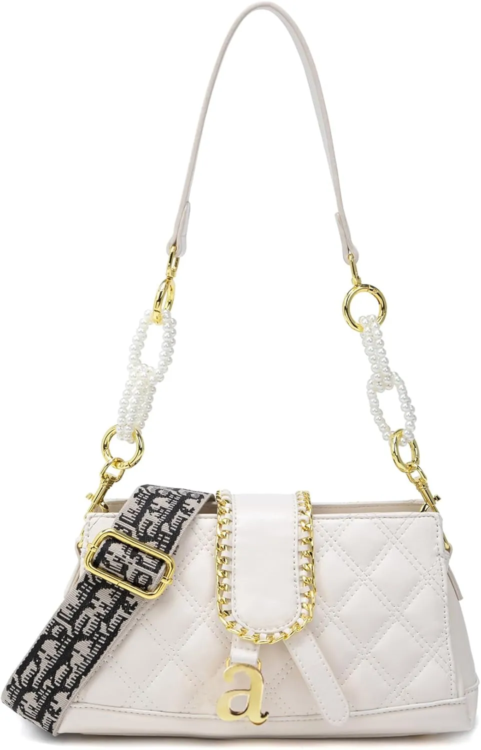 Women's Shoulder Crossbody Bag, Elegant Quilted Clutch Purse with Pearl Chain & Demovable Straps