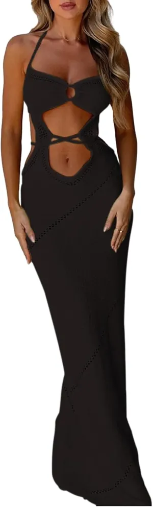 Womens Sleeveless Knit Bodycon Maxi Dress Halter Neck Cutout Backless Slim Fit Y2K Summer Beach Sundress