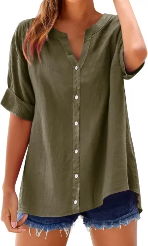 Women's Solid Henley V-Neck Linen Shirt - 2025 Lightweight Summer Beach Top, Short Sleeve Boho Button Front Casual Blouse