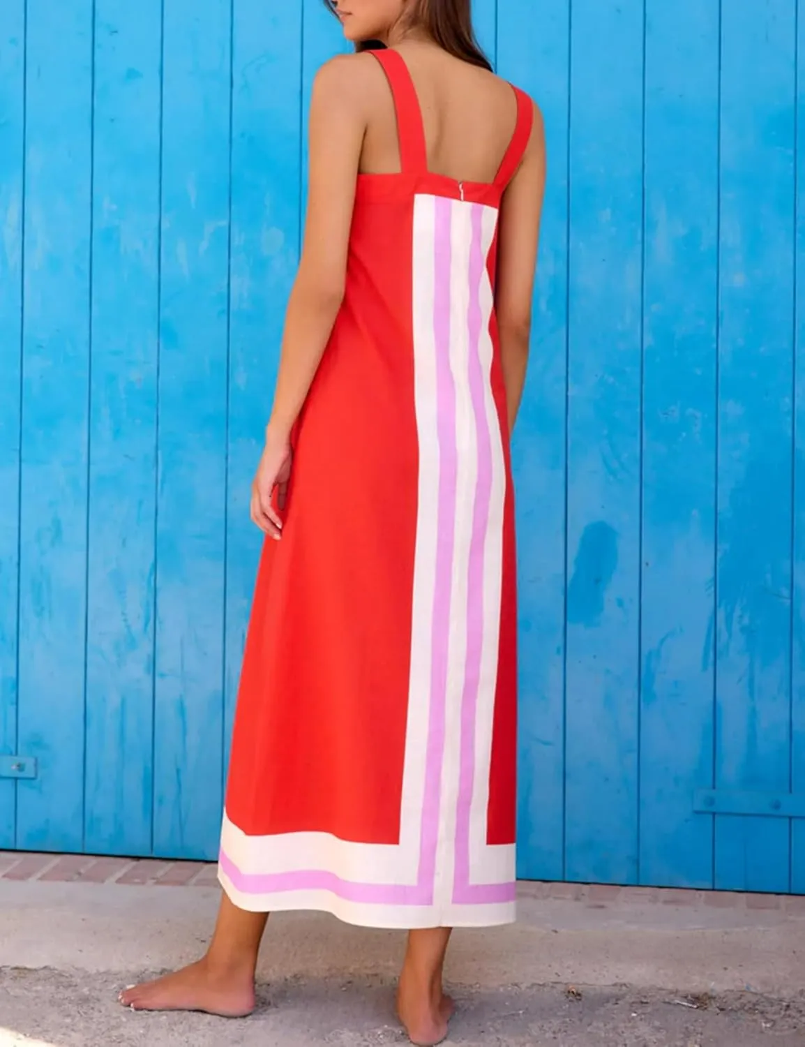 Womens Striped Maxi Dress Summer Boho Color Bock Square Neck Sleeveless Tank Shift Sundress Beach Overall Long Dress