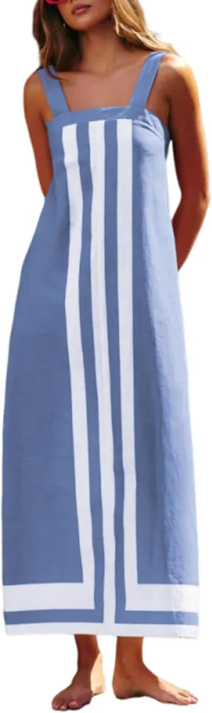Womens Striped Maxi Dress Summer Boho Color Bock Square Neck Sleeveless Tank Shift Sundress Beach Overall Long Dress