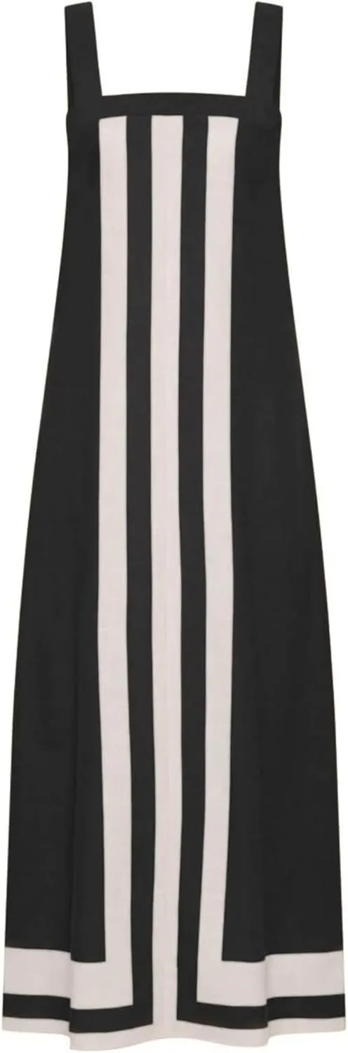 Womens Striped Maxi Dress Summer Boho Color Bock Square Neck Sleeveless Tank Shift Sundress Beach Overall Long Dress