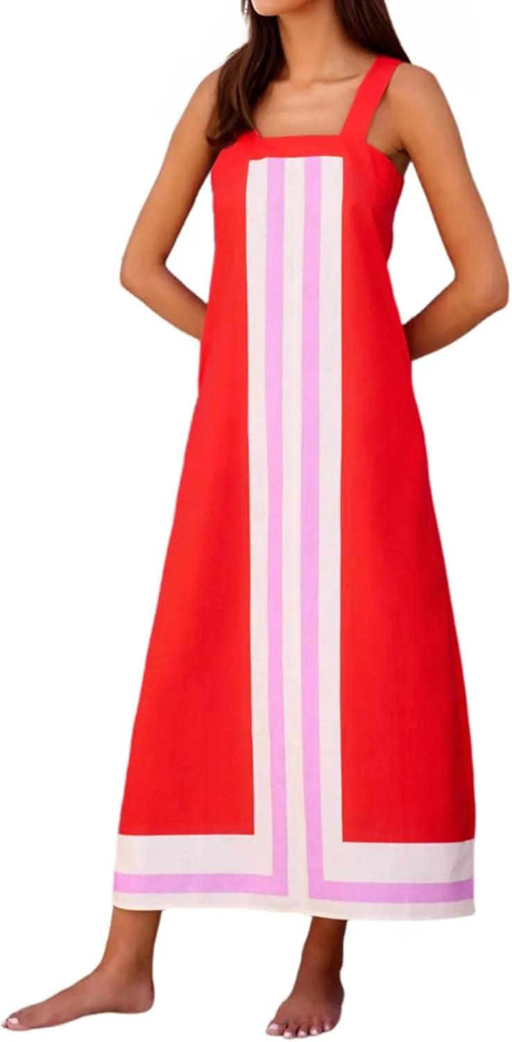 Womens Striped Maxi Dress Summer Boho Color Bock Square Neck Sleeveless Tank Shift Sundress Beach Overall Long Dress