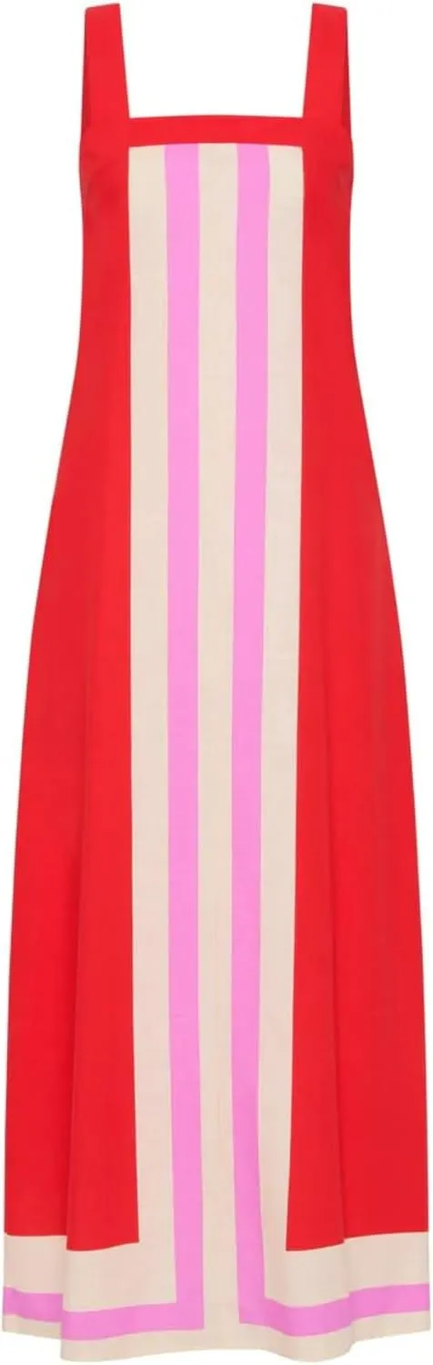 Womens Striped Maxi Dress Summer Boho Color Bock Square Neck Sleeveless Tank Shift Sundress Beach Overall Long Dress