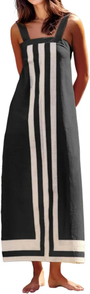 Womens Striped Maxi Dress Summer Boho Color Bock Square Neck Sleeveless Tank Shift Sundress Beach Overall Long Dress