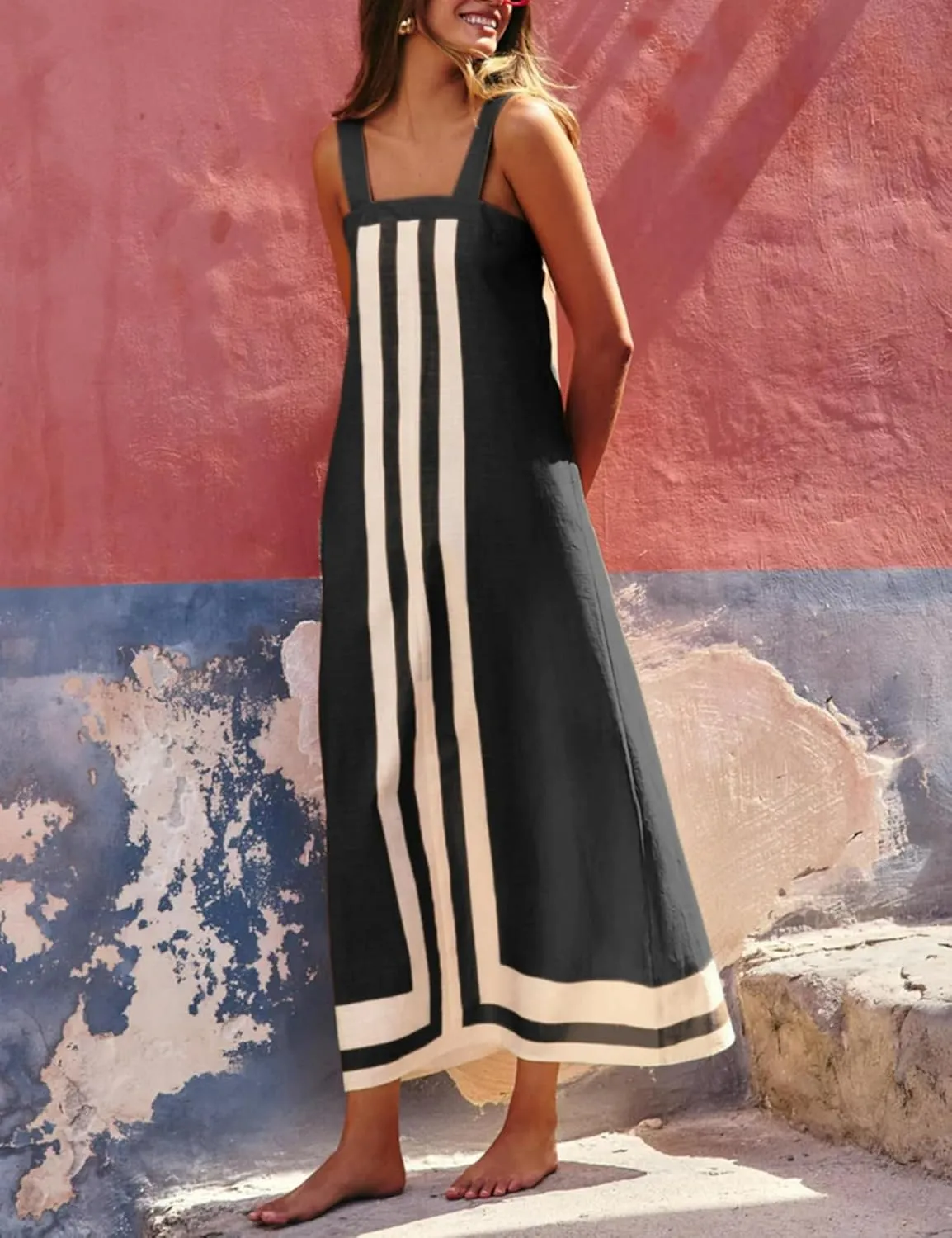 Womens Striped Maxi Dress Summer Boho Color Bock Square Neck Sleeveless Tank Shift Sundress Beach Overall Long Dress