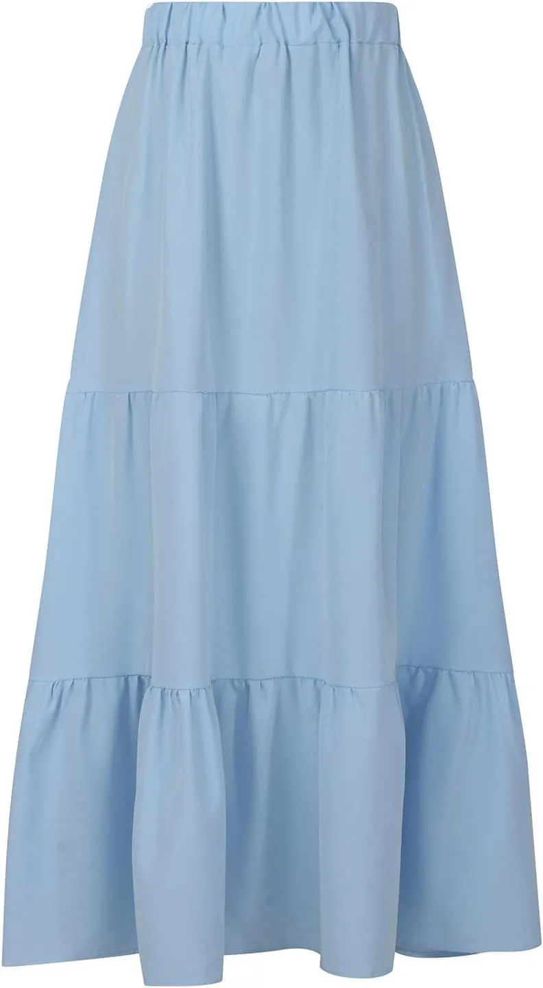 Womens Summer Boho Midi Skirt Flowy Swing Tiered A-Line Skirts with Pockets 2025 Trendy Ruffle Pleated Beach Dress