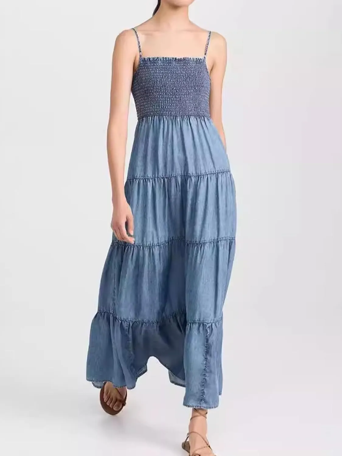 Womens Summer Denim Dress Sleeveless Spaghetti Strap Smocked Jean Dreses Tiered Ruffle Midi Beach Sundresses