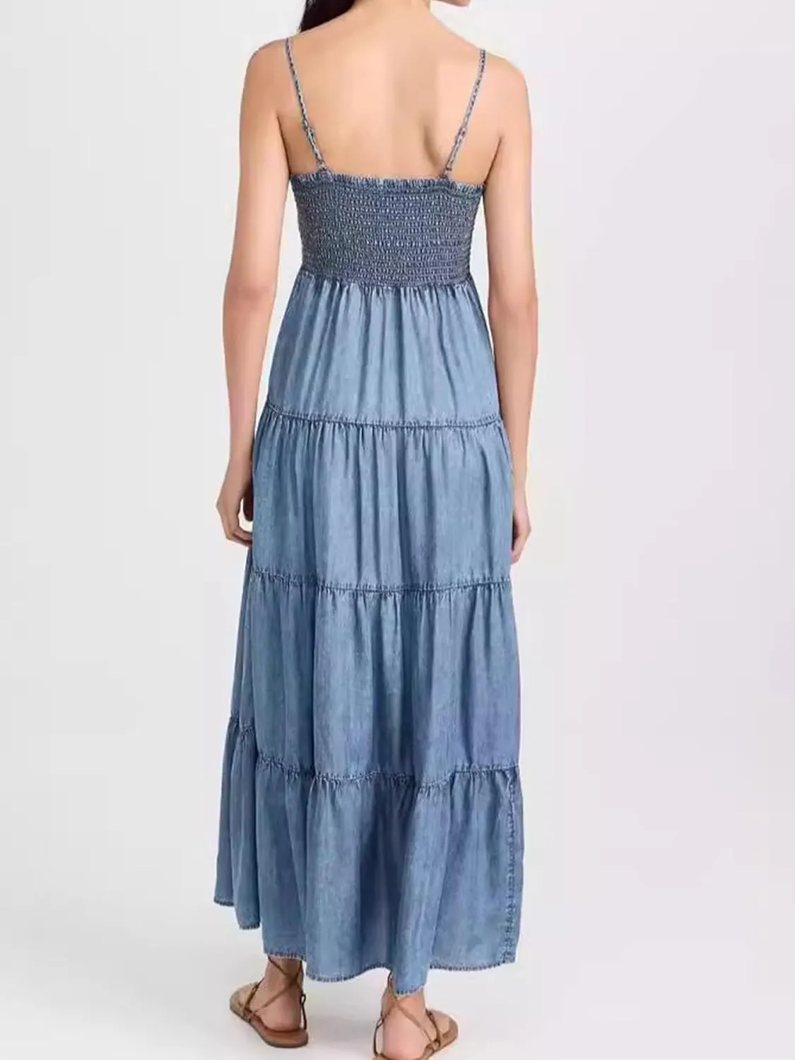 Womens Summer Denim Dress Sleeveless Spaghetti Strap Smocked Jean Dreses Tiered Ruffle Midi Beach Sundresses