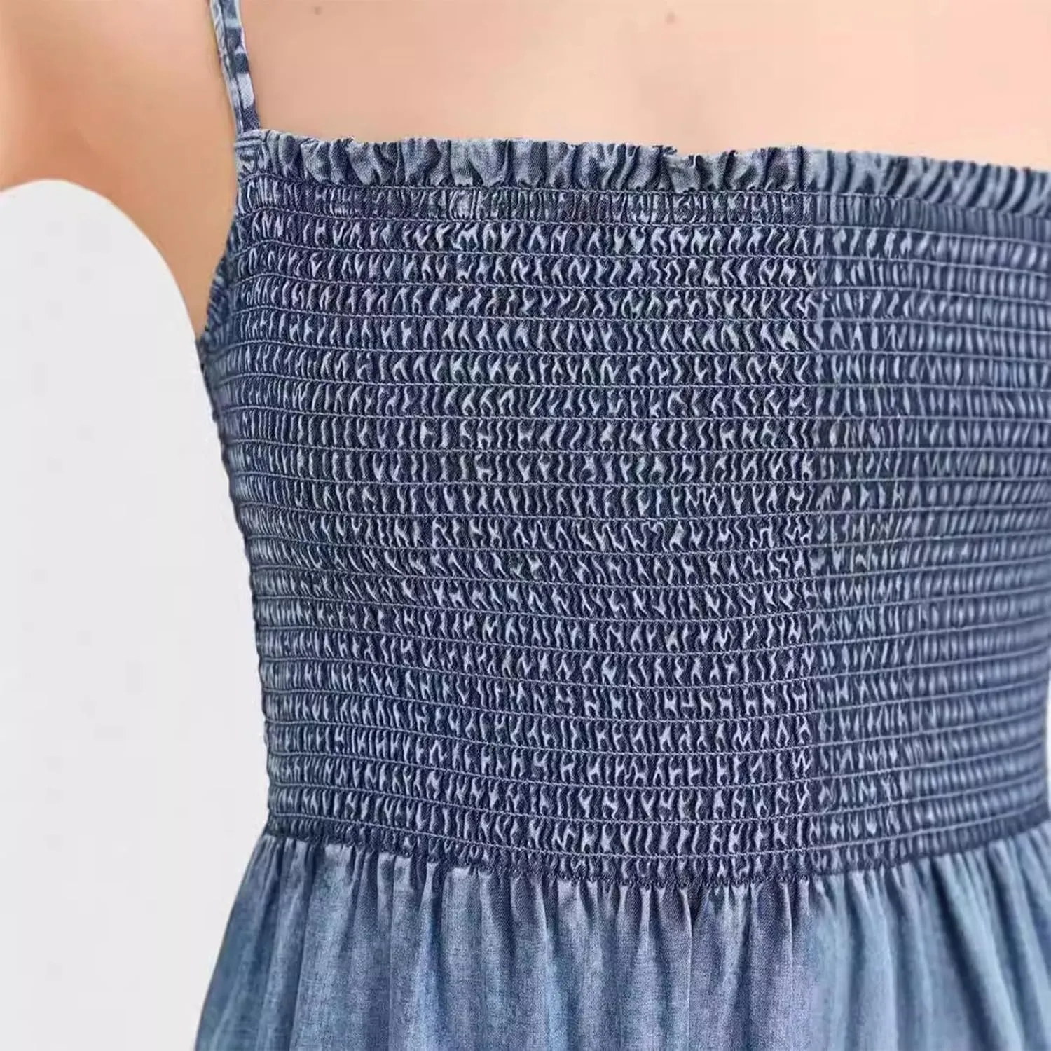 Womens Summer Denim Dress Sleeveless Spaghetti Strap Smocked Jean Dreses Tiered Ruffle Midi Beach Sundresses