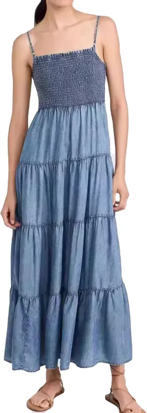 Womens Summer Denim Dress Sleeveless Spaghetti Strap Smocked Jean Dreses Tiered Ruffle Midi Beach Sundresses
