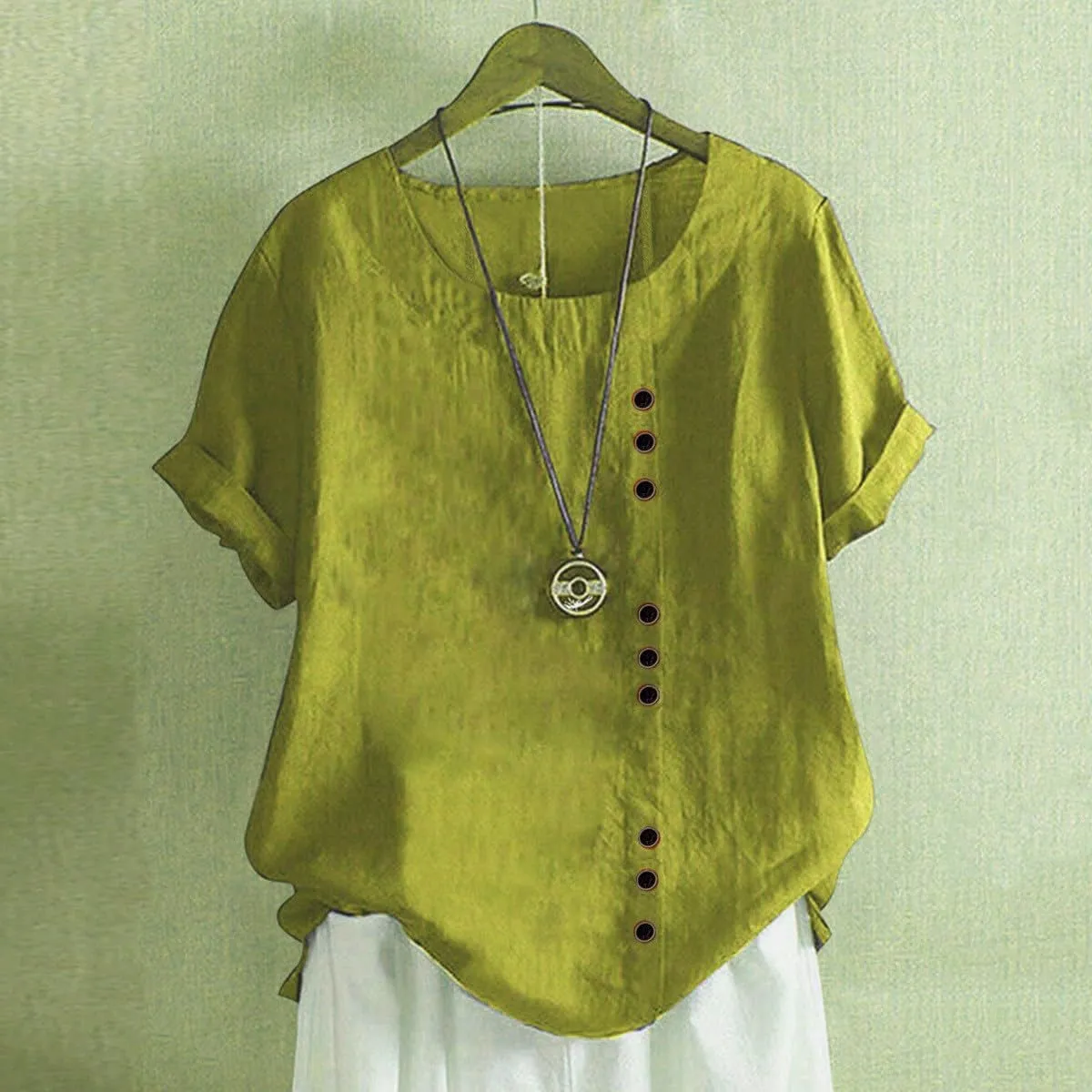 Women's Summer Embroidered T Shirts Casual Cotton Linen Blouse Short Sleeve Round Neck Tops Oversized Boho Tees