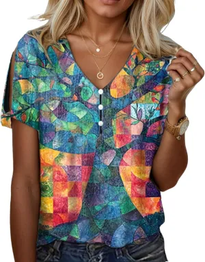 Women's Summer Tops Floral Print Cold Shoulder Boho Tops Casual Loose Button V Neck Tunic T Shirts Blouses
