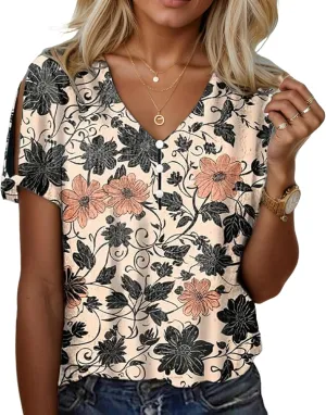 Women's Summer Tops Floral Print Cold Shoulder Boho Tops Casual Loose Button V Neck Tunic T Shirts Blouses