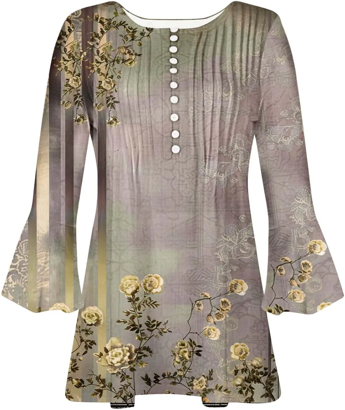 Women's Summer Tops Vintage Print Button Down 3/4 Sleeve Shirts Causal Empire Waist Boho Floral Print Tunic Shirts
